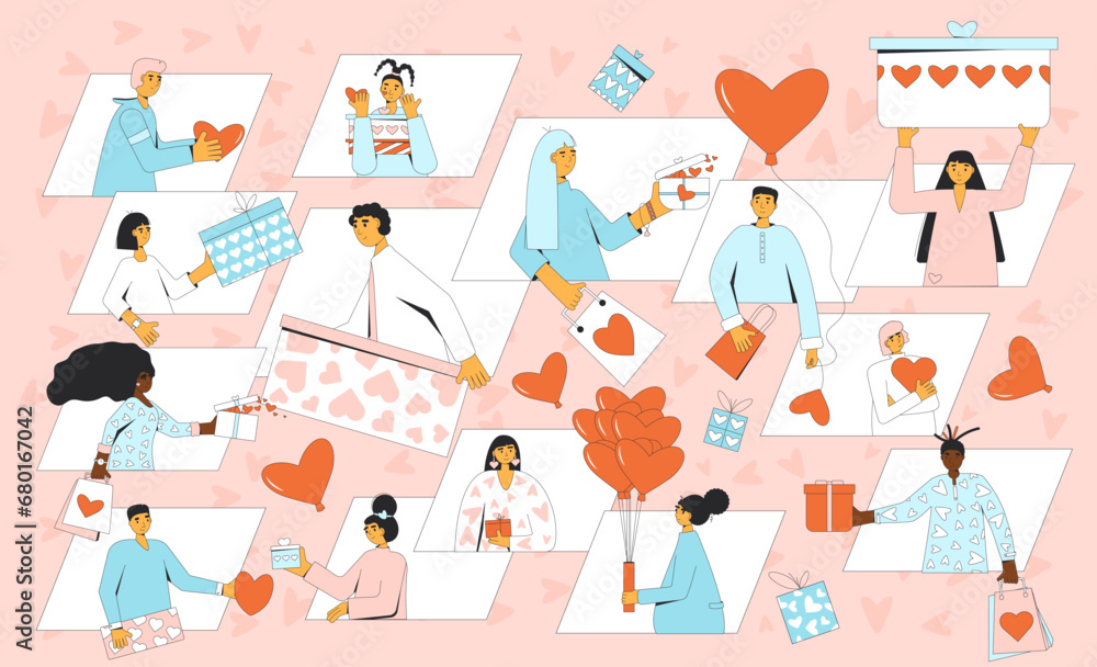 Fototapeta premium Online Valentine's Day celebration. Vector illustration of virtual event