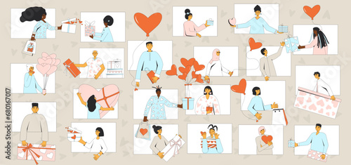 Online Valentine's Day celebration. Vector illustration of virtual event