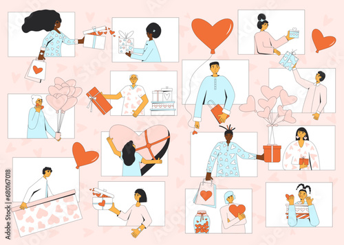 Online Valentine's Day celebration. Vector illustration of virtual event