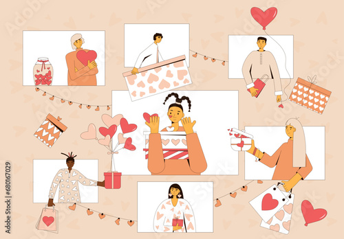 Online Valentine's Day. Vector illustration of virtual event