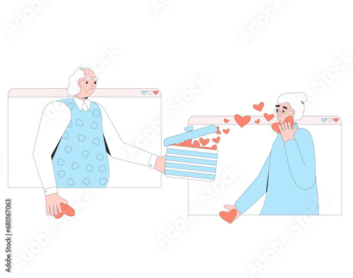Senior couple virtual dating. Valentine's Day gift exchange.