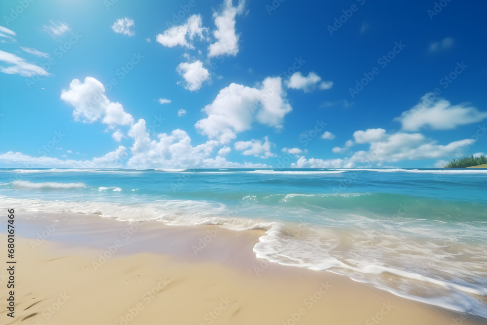 Tranquil beach with blue ocean, sandy shore, and wind waves. Tranquil beach with blue ocean, sandy shore, and wind waves.