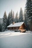 Wooden house in a white winter forest.