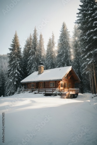 Wooden house in a white winter forest. © liliyabatyrova