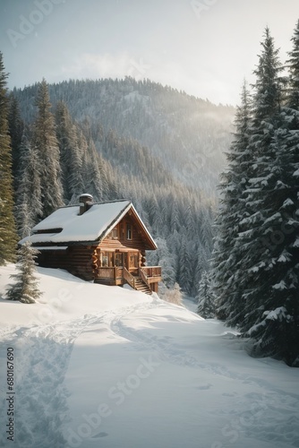 Wooden house in a white winter forest with tall pine trees covered with snow. © liliyabatyrova