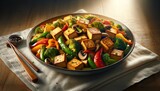 Tofu stir-fry with golden tofu cubes and colorful vegetables, seasoned with vegan soy or teriyaki sauce.

