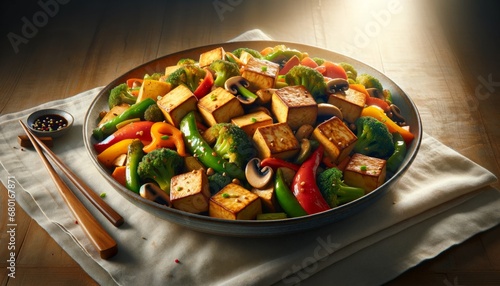 Tofu stir-fry with golden tofu cubes and colorful vegetables, seasoned with vegan soy or teriyaki sauce. 