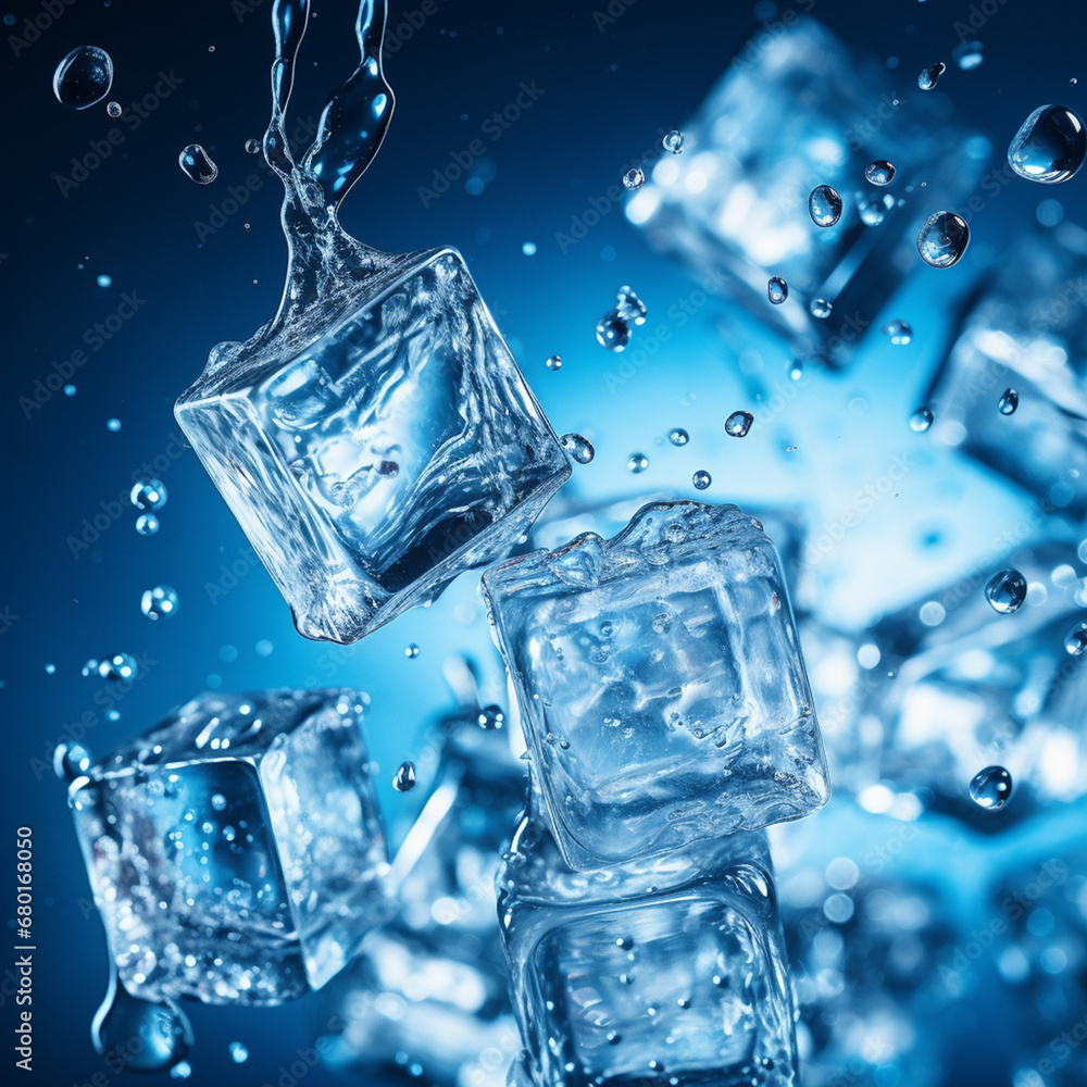 Ice cubes and water drops created with Generative Ai Ice cubes and water drops created with Generative Ai