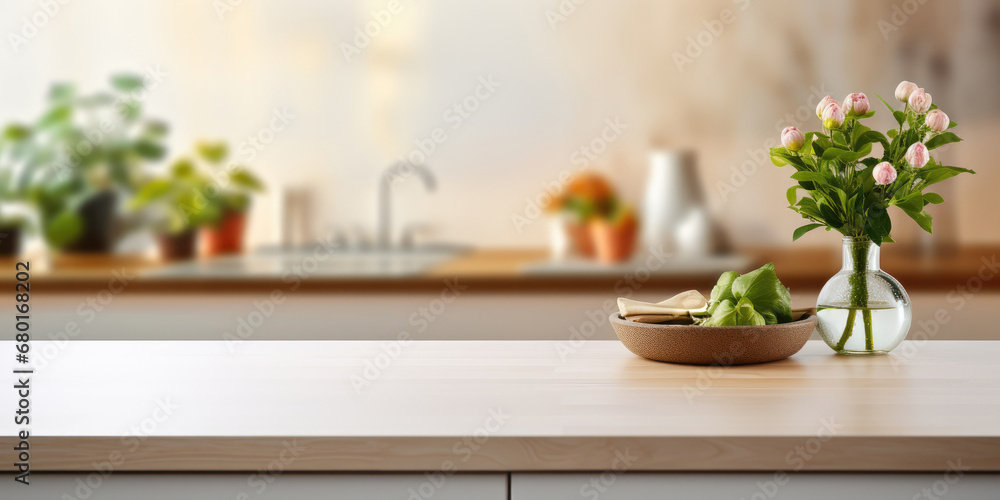 custom made wallpaper toronto digitalEmpty kitchen table top, modern kitchen interior blurred background, clean and bright, ready for product montage.