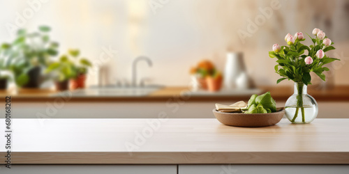Wallpaper Mural Empty kitchen table top, modern kitchen interior blurred background, clean and bright, ready for product montage. Torontodigital.ca