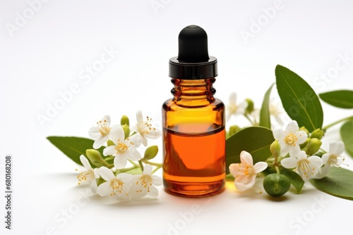 A bottle of essential oil next to a bunch of neroli flowers. Dark glass bottle on white background. photo