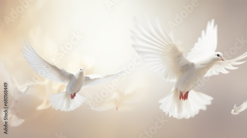 Serenity in flight: White doves ascending towards the light, embodying peace and the heavenly realm