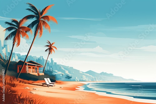 Graphic illustration poster of a beach for travel and tourism posters