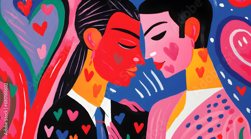 A stylized fauvism style painting of a couple embracing, surrounded by vivid colours and heart shapes. photo