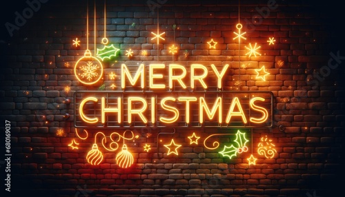 Wallpaper Mural Merry Christmas background, A brick wall with neon Merry Christmas lights, with hanging lights and festive decorations. Torontodigital.ca