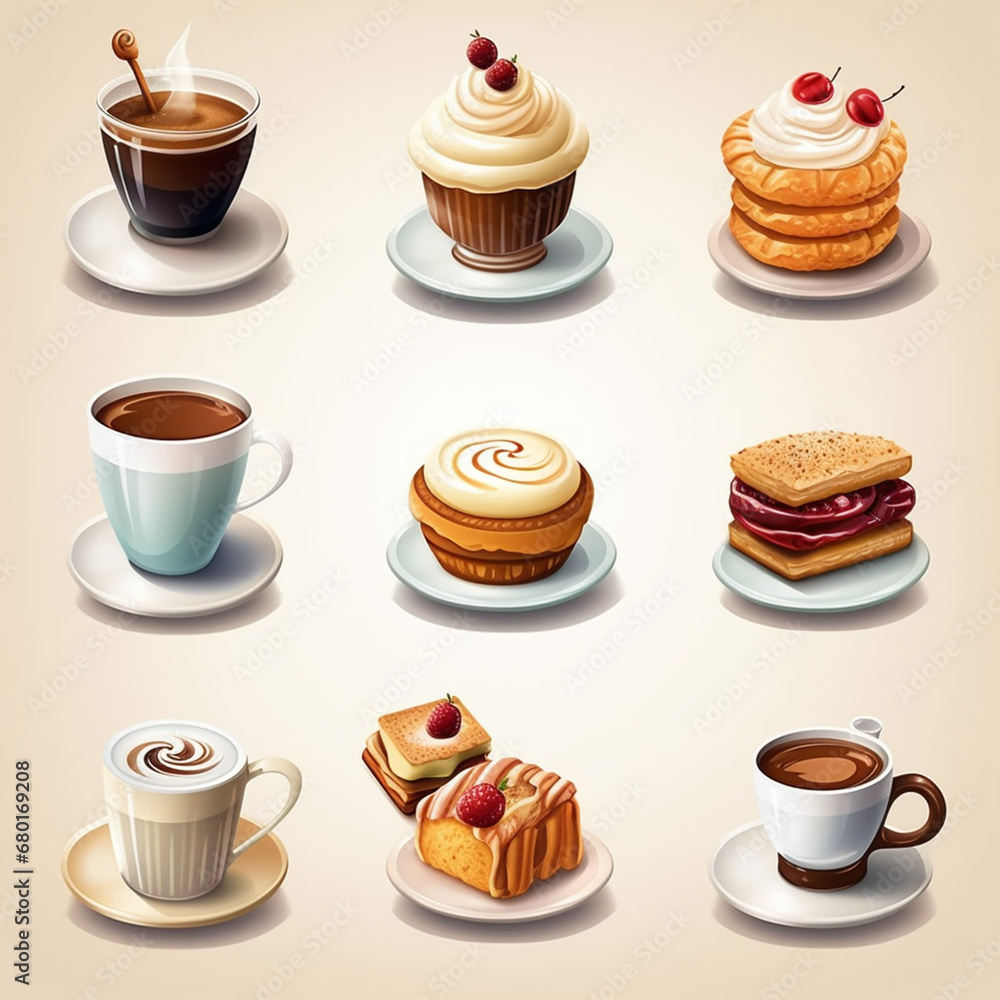 a set of detailed icons representing a variety of food and beverage items, from gourmet coffee to delectable pastries created with Generative Ai a set of detailed icons representing a variety of food and beverage items, from gourmet coffee to delectable pastries created with Generative Ai