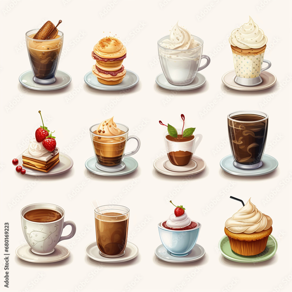 a set of detailed icons representing a variety of food and beverage items, from gourmet coffee to delectable pastries created with Generative Ai a set of detailed icons representing a variety of food and beverage items, from gourmet coffee to delectable pastries created with Generative Ai