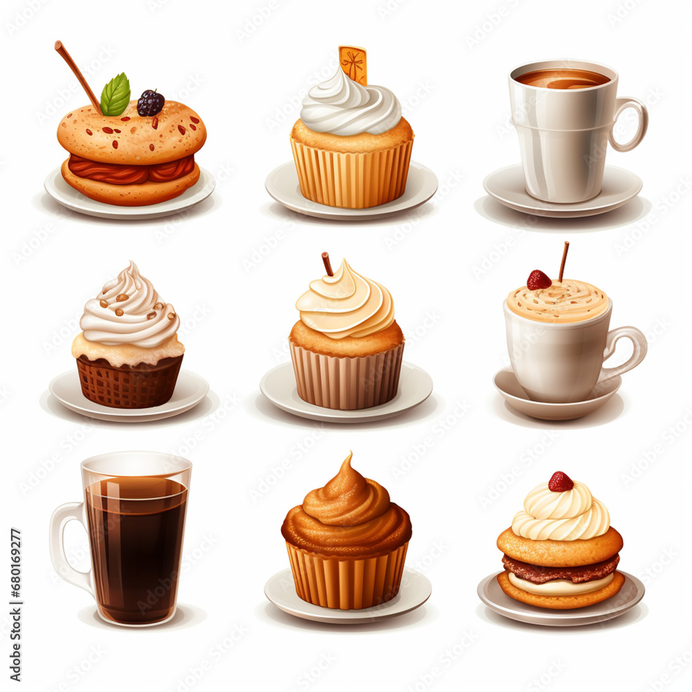 a set of detailed icons representing a variety of food and beverage items, from gourmet coffee to delectable pastries created with Generative Ai a set of detailed icons representing a variety of food and beverage items, from gourmet coffee to delectable pastries created with Generative Ai