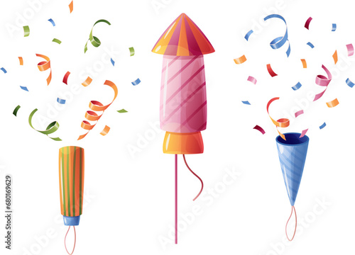 Set of firecrackers with confetti and fireworks on an isolated background. Birthday party decoration. Element for decoration and design of cards