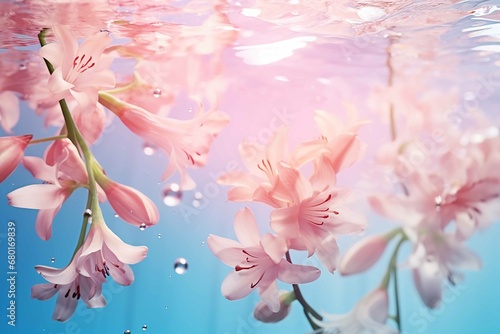 Creative floral concept. Fresh pastel blossom spring flowers underwater. advertisement  banner  ad  poster  wallpaper