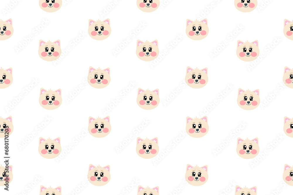 Seamless pattern with cute kawaii cat, kitty, kitten face, head for nursery, print or textile for kids. Vector cartoon illustration for baby