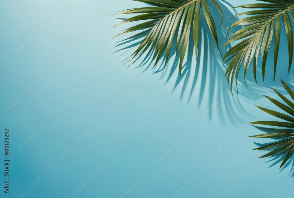 palm tree on blue. Minimal abstract background for product presentation. Spring and summer. 