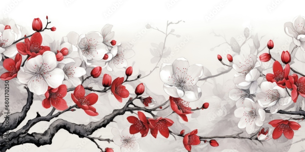 A painting of red and white flowers on a branch.