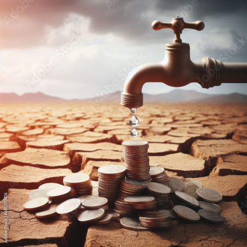 Hands grabbing money in a drought, climate change and cities without clean water, desertification of the earth photo