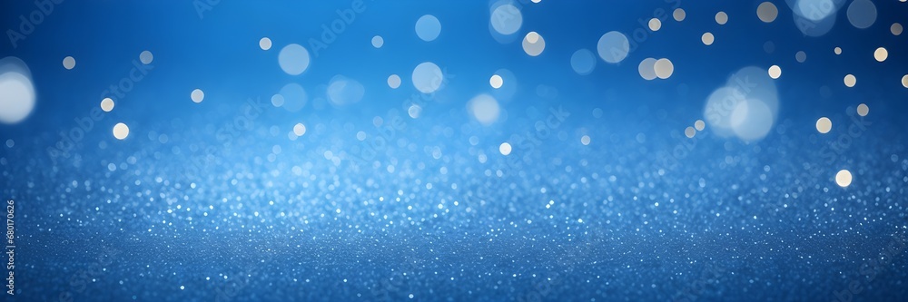 Blue bokeh lights on a blue background banner. Abstract blue background with glittering lights. Blue light dots banner.