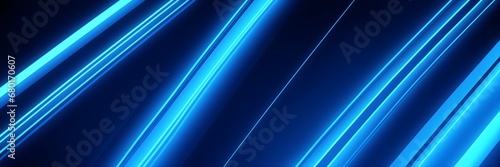 Blue neon light lines banner. Abstract blue background. Glowing diagonal stripes on blue backdrop banner.