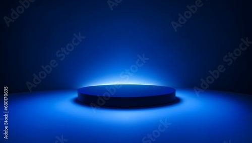 Empty Dark Blue Round Podium with Spotlight on a Blue Background. Blue 3D Empty Stage Podium. Minimalistic Blank Scene for Presentation.