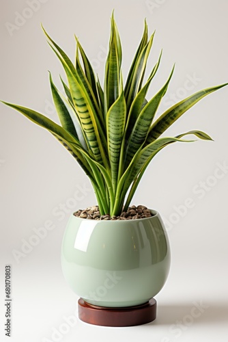 A green pot with a snake plant inside of it.