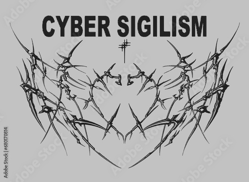 Neo Tribal symmetrical shapes. Cyber sigilism elements, gothic y2k sharp spikes with heart. Vector