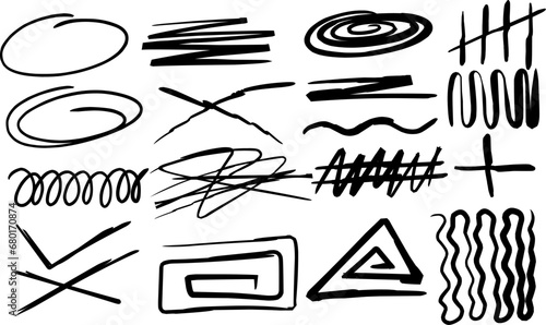 Swirl Grunge, charcoal scribbles, rough brush strokes, underlines and circles. Bold charcoal freehand stripes and ink textures. Crayon or marker scribbles.vector illustration