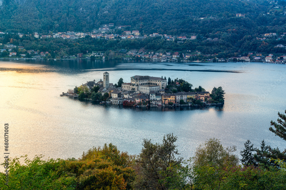Scenic late afternoon sight in Orta San Giulio. Province of Novara, Piedmont, Italy.