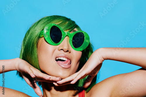Lady woman wig sunglasses swimsuit fashion mouth portrait summer beauty trendy smile