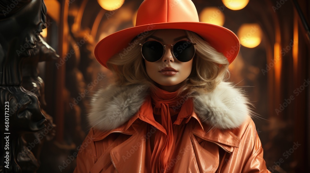 A woman wearing a red hat and sunglasses. Elegant retro-futuristic portrait.