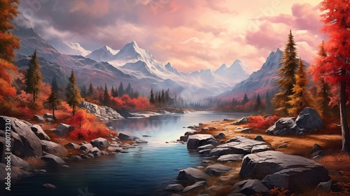 Autumn landscape in the mountains with a lake.
