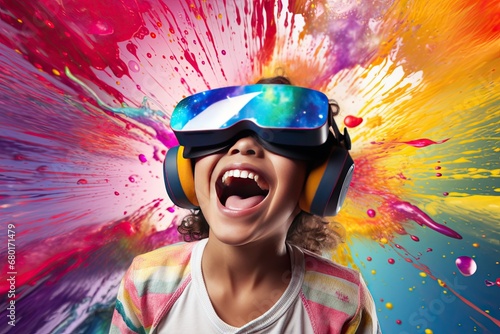 Excited child or kid wearing VR headset with a big smile on face, enjoying a virtual reality experience that sparks wonder and joy. Generative AI