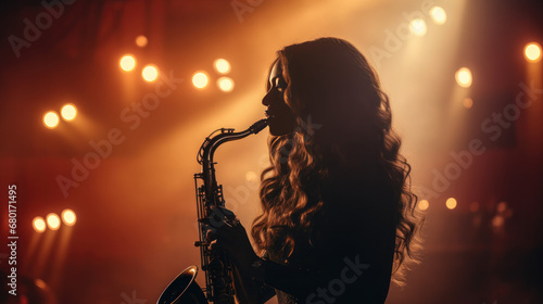 woman with beautiful long curly hair playing a saxophone, silhouette of a passionate saxophonist with a orange concert hall light in the background photo