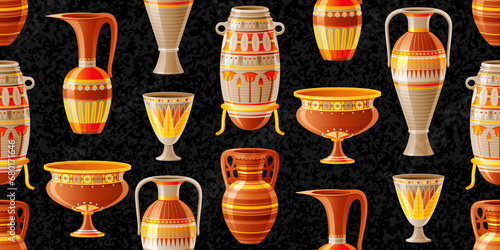 Cool ancient vase pattern. Seamless modern black decor. Interior ceramics. Egyptian style pottery. Vase pattern. Seamless vector pottery background. Old clay Pot, Oil Jug, Urn, Amphora wallpaper