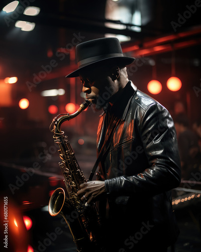 portrait of man with a black leather jacket playing saxophone on stage, dark concert hall with red light spots in the background