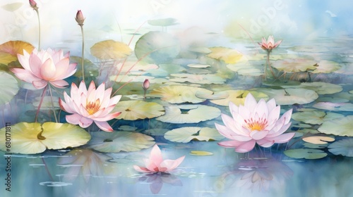 A painting of pink water lilies in a pond.