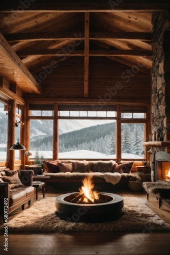 Cozy wooden house with a burning fireplace in a winter forest.