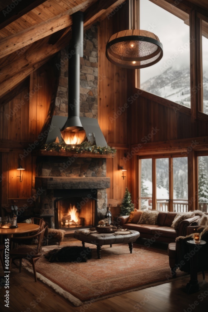 Living room Cozy wooden house with a burning fireplace, a Christmas tree in the winter forest. Hotels, holiday homes.