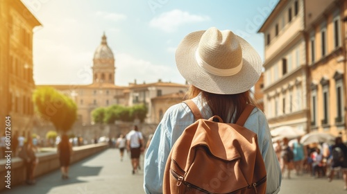 Back view of Tourist woman with hat and backpack at vacation in Rome, Italy.