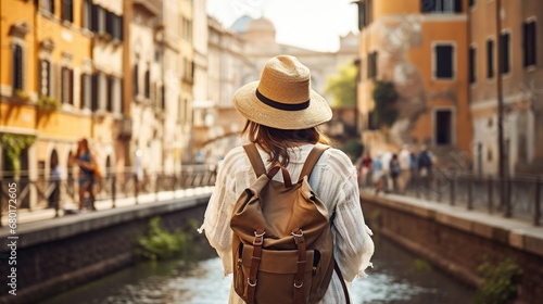 Back view of Tourist woman with hat and backpack at vacation in Rome, Italy.