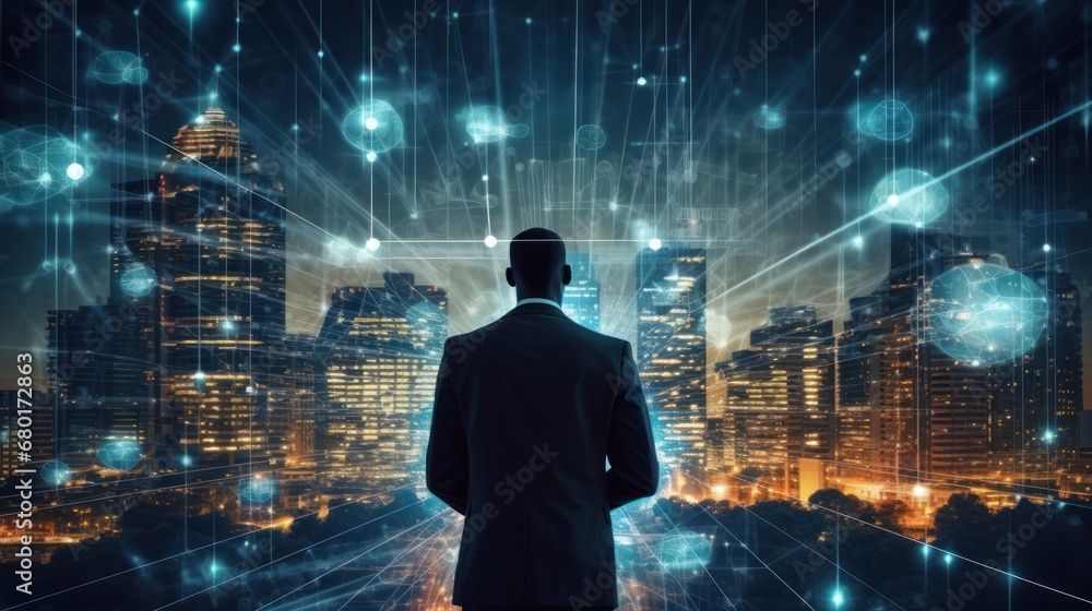 business man and the big data wireless 5G connecting, futuristic, technology, city, digital, internet, communication, success, network, innovation, online