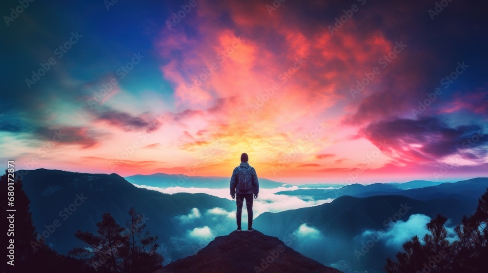 business male stand and feel happy on the most hight on the mountain, hiking, success, cliff, peak, business, success, successful, goal, victory, achievement, motivation, .