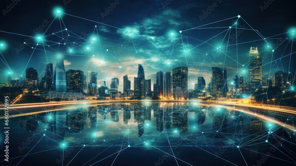 Smart city and communication network. Digital transformation, business, building, modern, urban, technology, connection, information, innovation, capita, future.